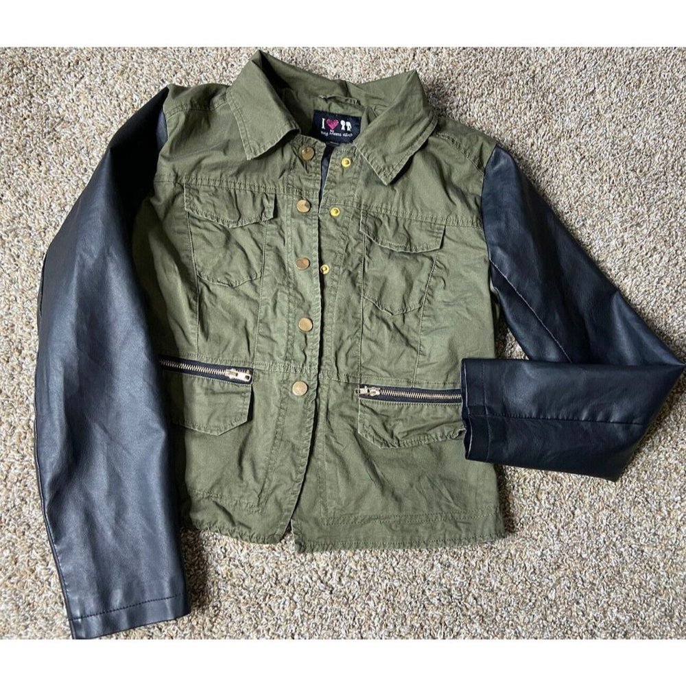 I Love Boy Meets Girl Military Green Girls Jacket Black Leather Sleeves Sz S-M